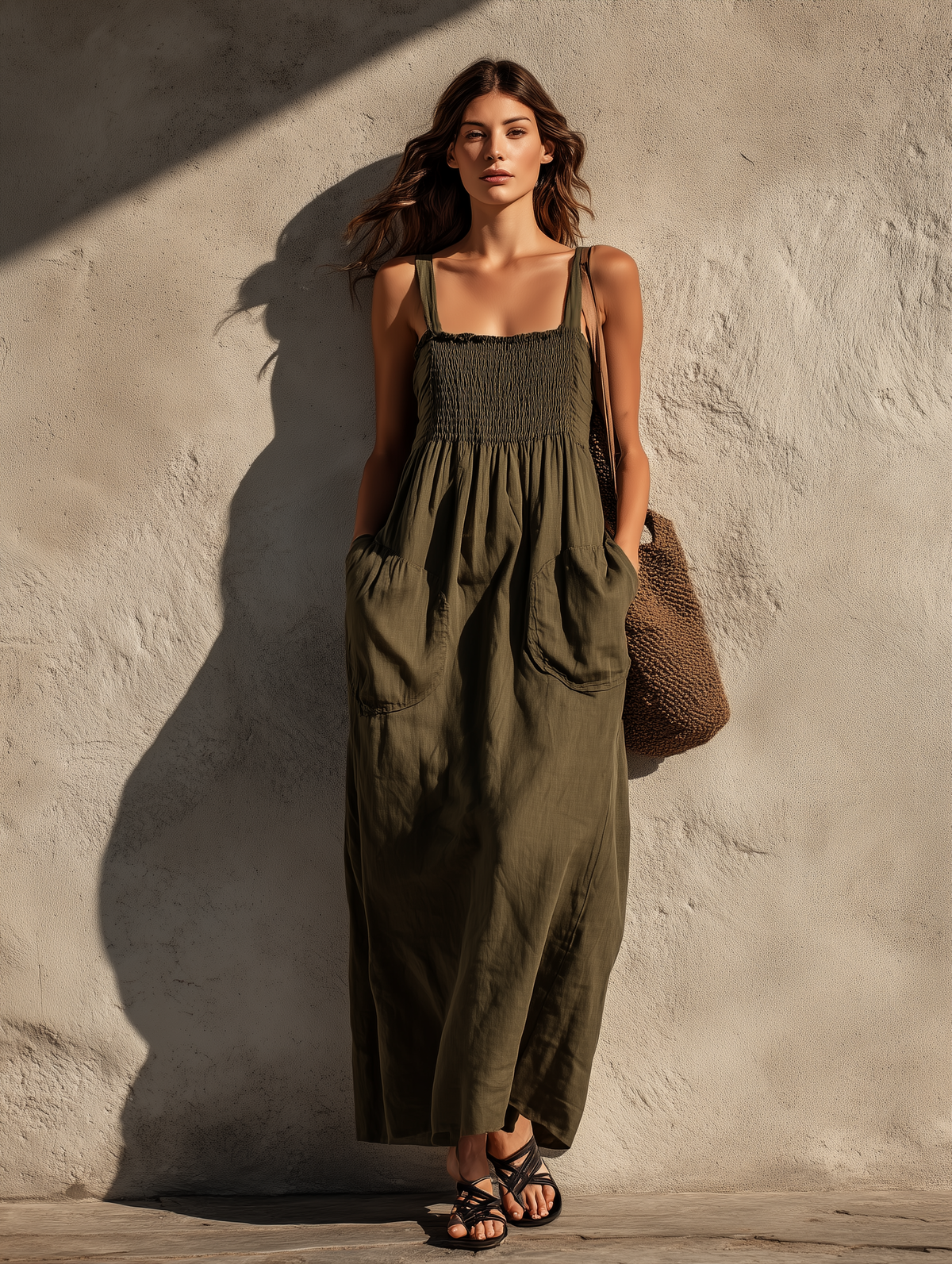 Sarah - Women's Casual Olive Green Cotton-Linen Maxi Dress | The Bellemont Sisters Australia