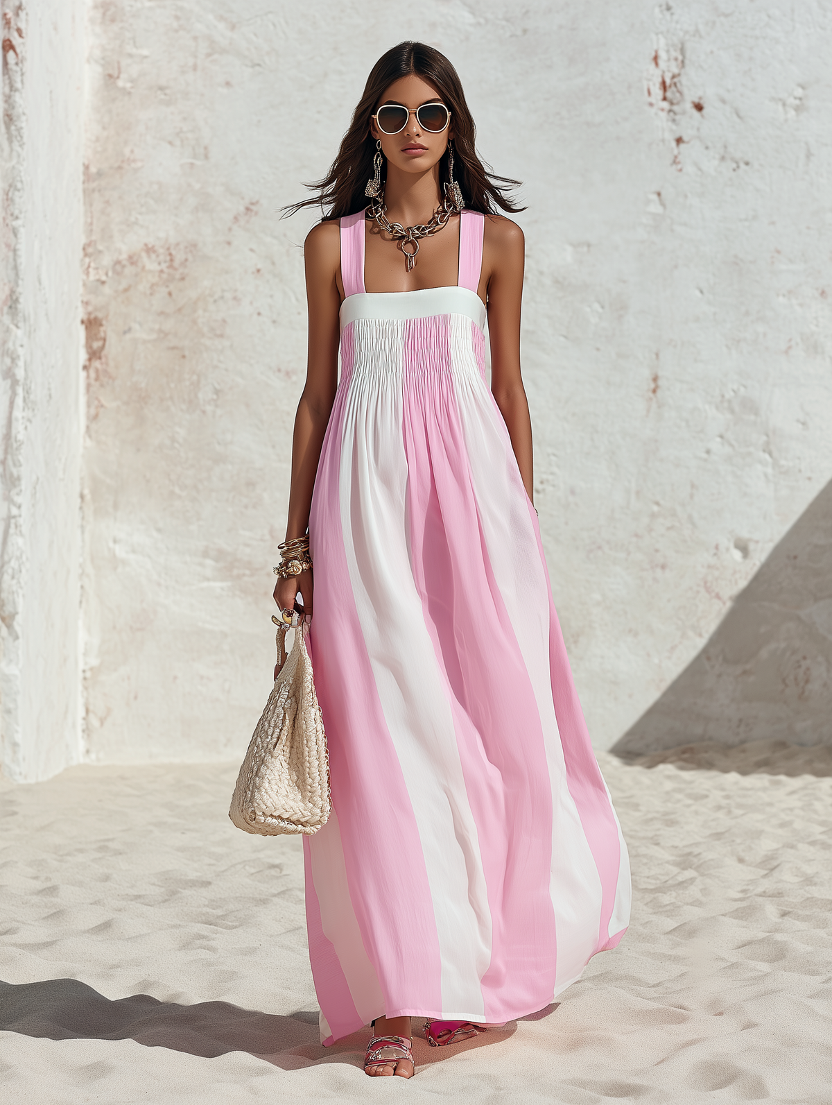 Resort Style Square Neck Sleeveless Striped Chiffon Maxi Dress – Pink | The Bellemont Sisters Australia