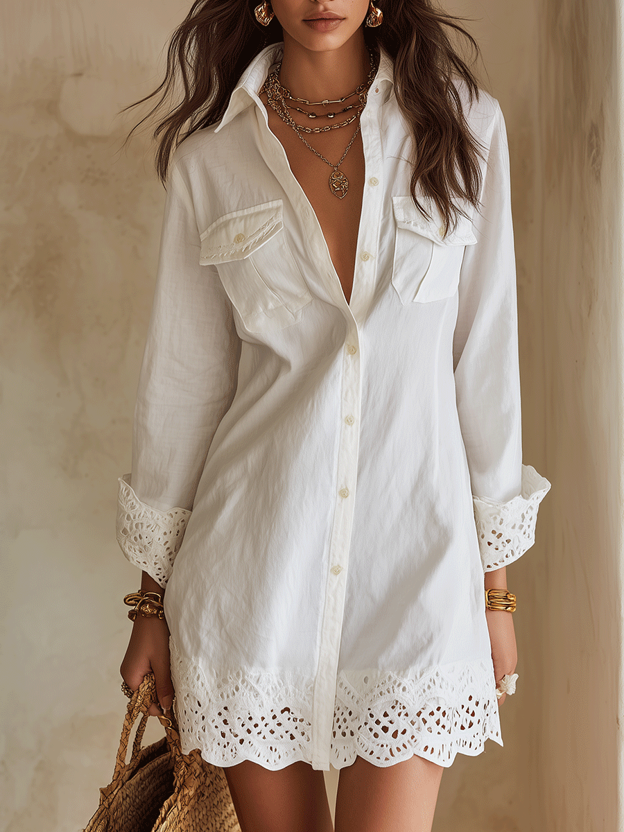 Bohemian Eyelet Hem Resort White Shirt Mini Dress – White | The Bellemont Sisters Australia