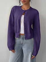Adeline | Round Neck Button Front Cardigan, Cropped Everyday Knit – Purple | The Bellemont Sisters Australia