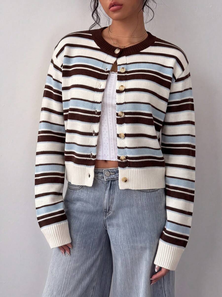 Adeline | Round Neck Button Front Cardigan, Cropped Everyday Knit – Multicolor | The Bellemont Sisters Australia