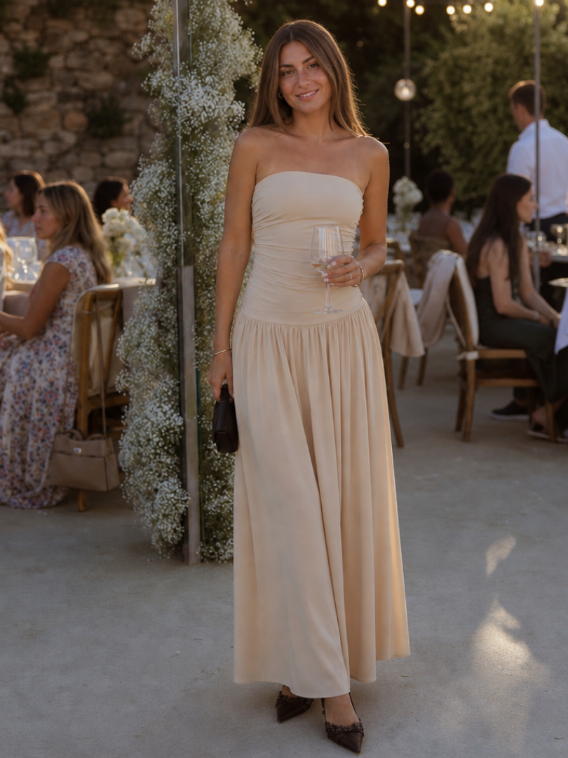 Zelene | Strapless Ruched Bodice Midi Dress | The Bellemont Sisters Australia
