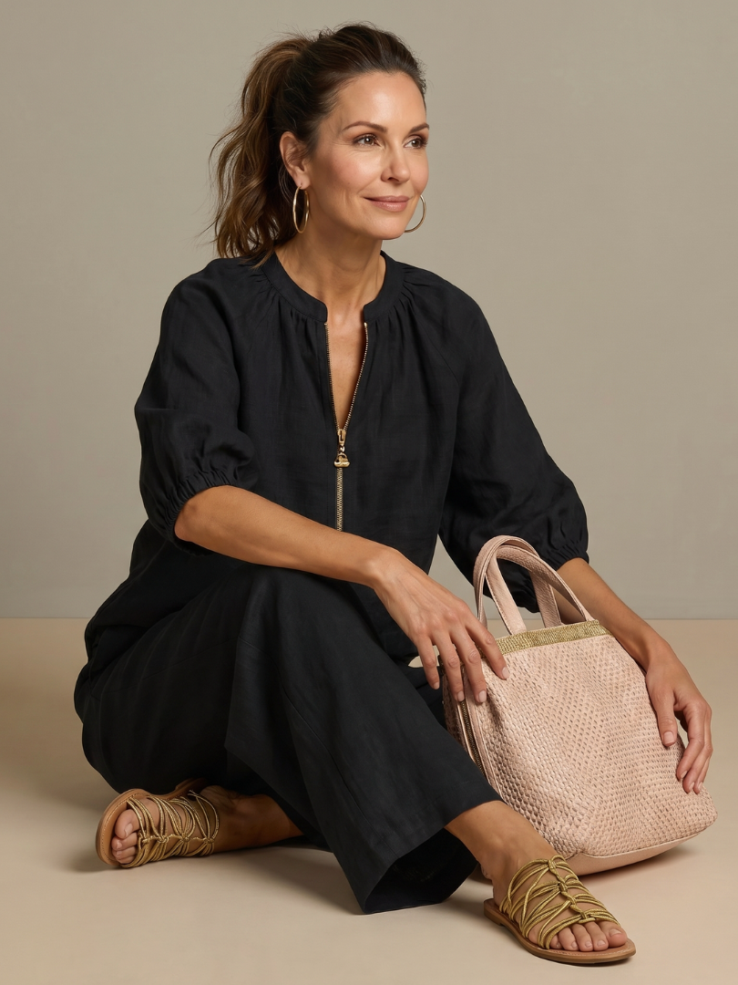 Natalia | Zip Front Blouson Top Wide Leg Set | The Bellemont Sisters Australia