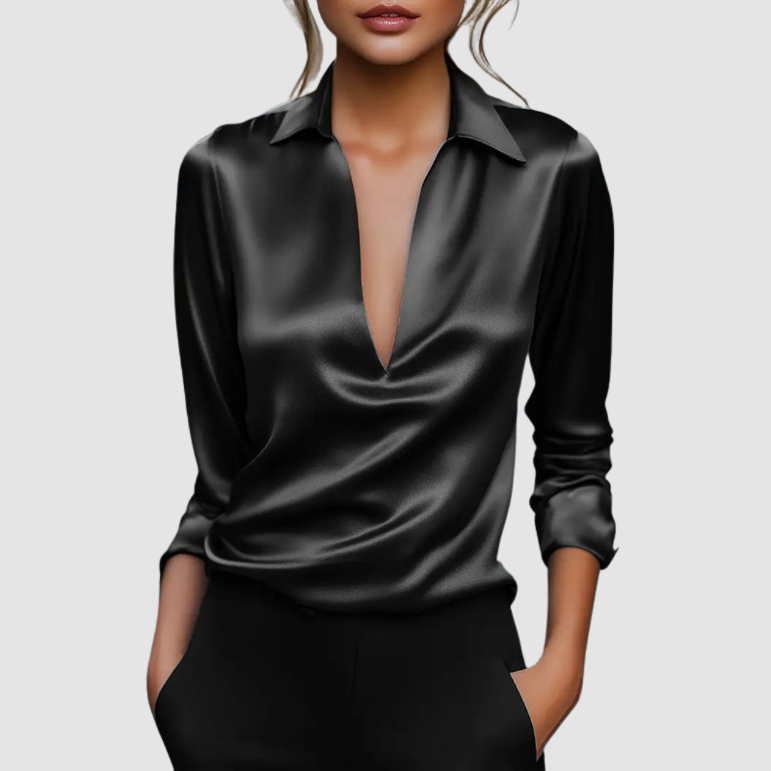 Astrid™ Elegant Satin Blouse – Black | The Bellemont Sisters Australia