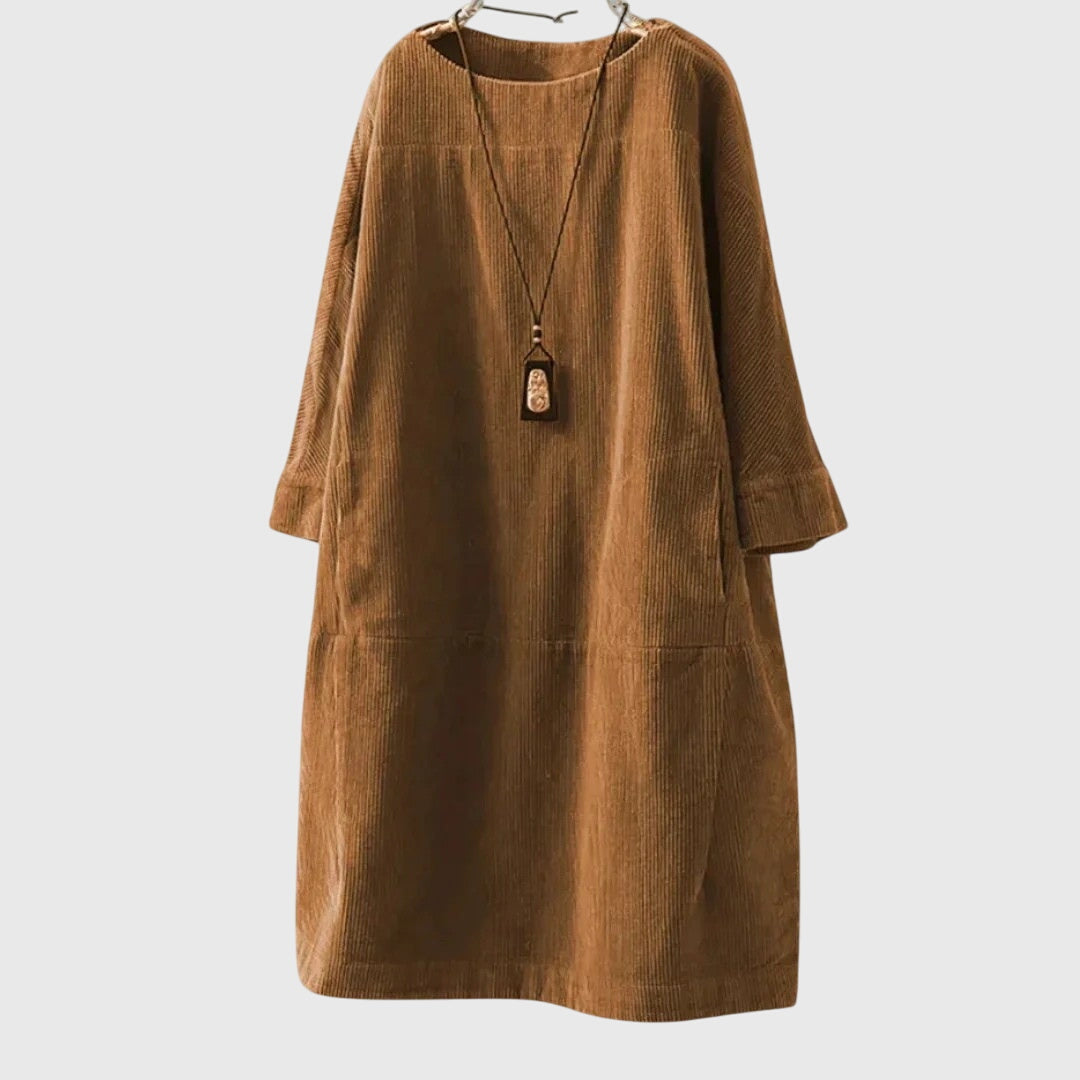 Grace | Relaxed Corduroy Midi Dress – Brown | The Bellemont Sisters Australia