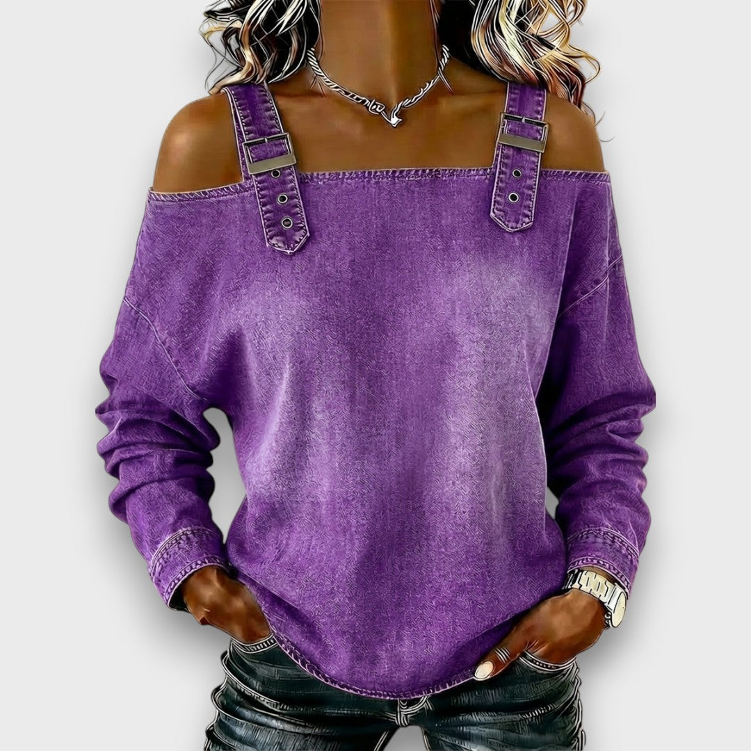 Elama – Off-Shoulder Denim Top – Purple | The Bellemont Sisters Australia