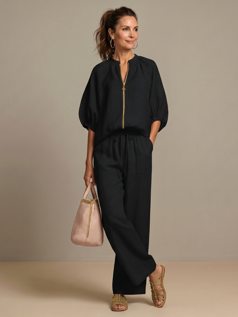 Natalia | Zip Front Blouson Top Wide Leg Set – Black | The Bellemont Sisters Australia