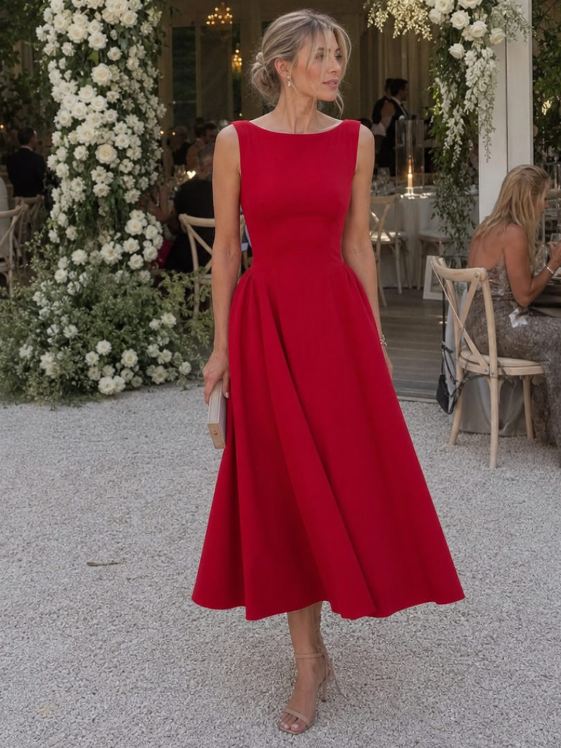 Corane | Sleeveless Crew Neck Fitted Bodice Midi Dress – Red | The Bellemont Sisters Australia