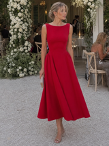 Corane | Sleeveless Crew Neck Fitted Bodice Midi Dress – Red | The Bellemont Sisters Australia