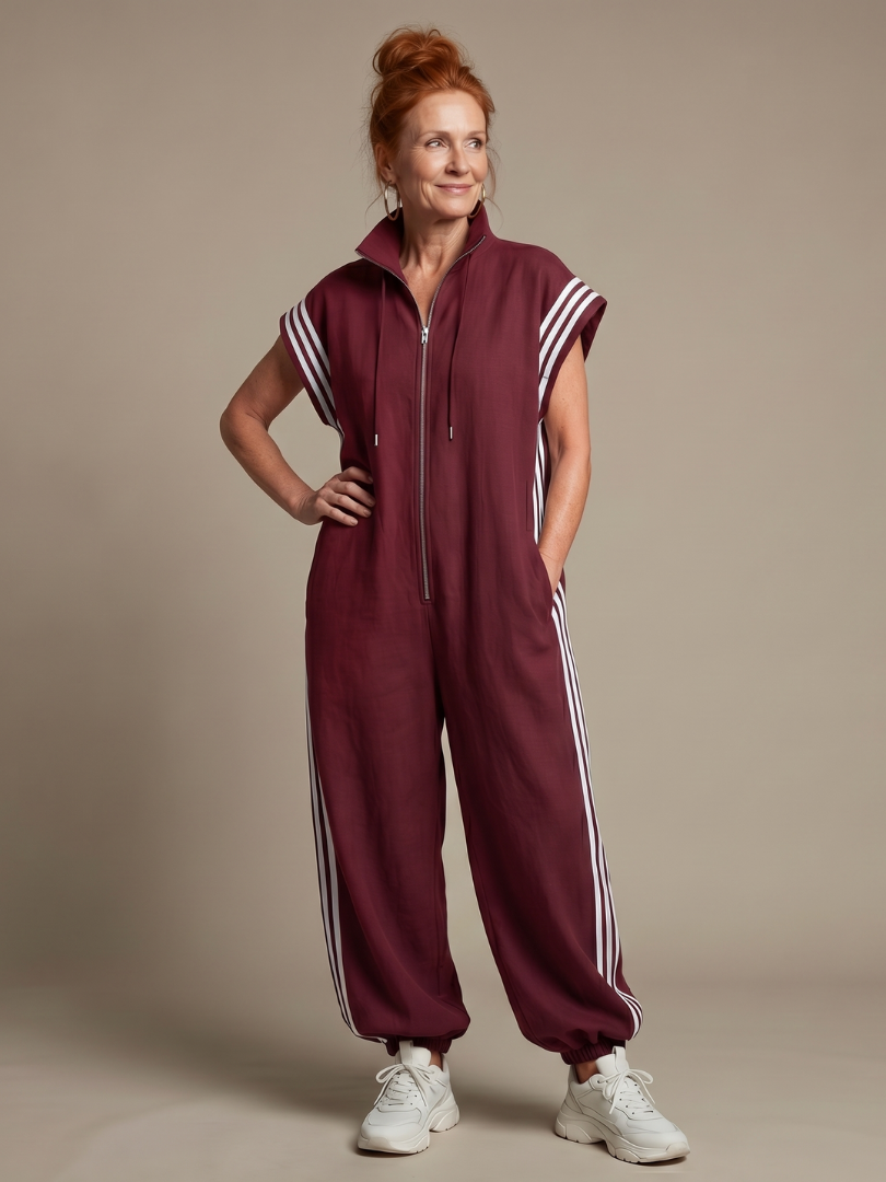 Lark | Zip Front Stripe Panel Jumpsuit – Red | The Bellemont Sisters Australia