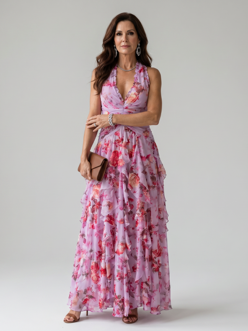 Nori™ Halter Neck Ruched Bodice Floral Maxi Dress – Pink | The Bellemont Sisters Australia