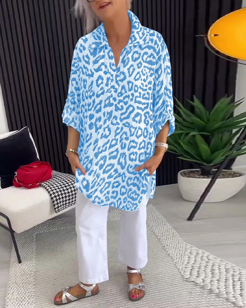 Isobel™ Elegant Leopard Printed Collar Blouse – Blue | The Bellemont Sisters Australia