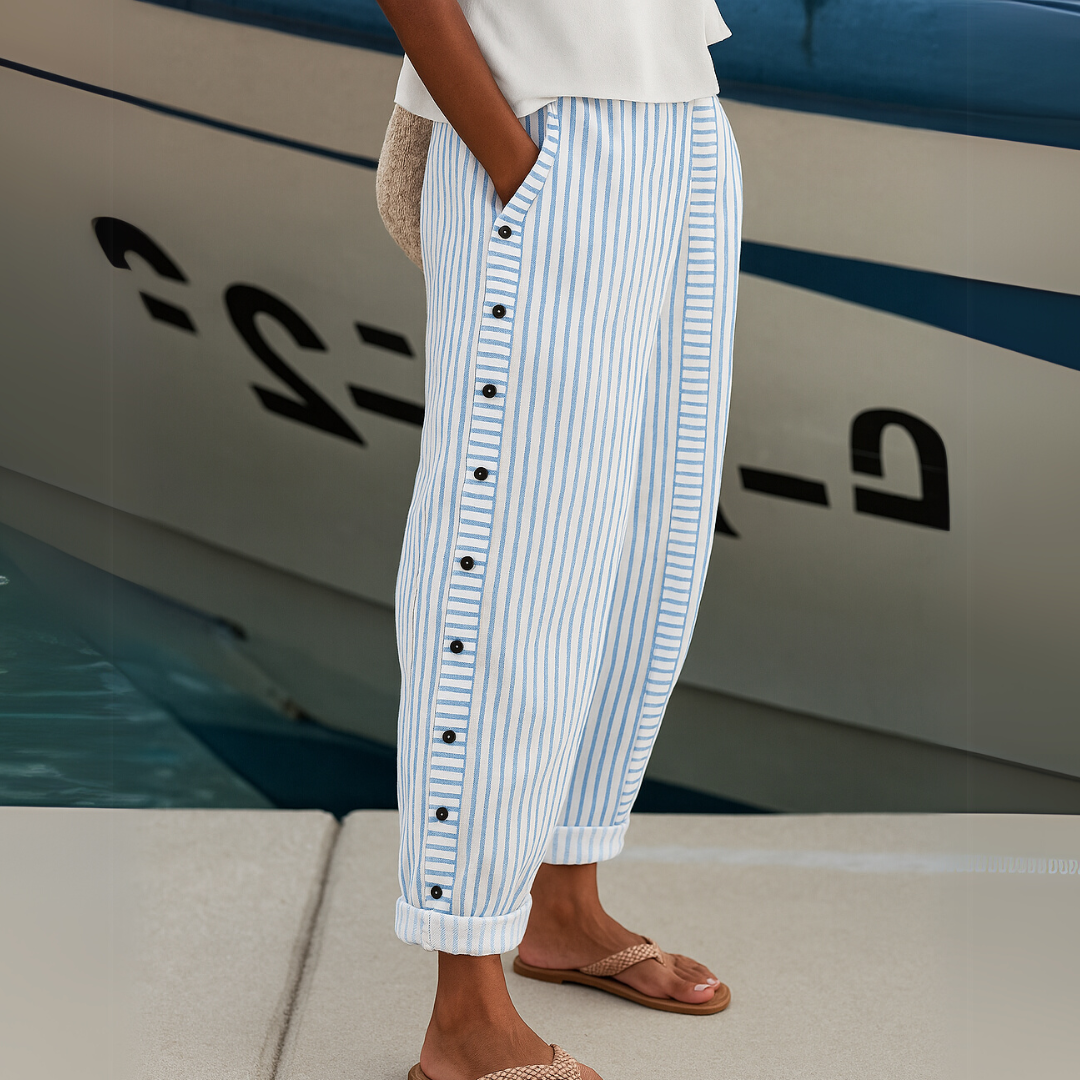 Caitlin | Stylish Striped Button Pants – Sky Blue | The Bellemont Sisters Australia