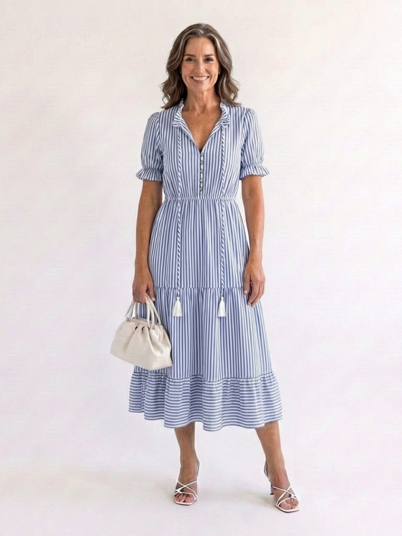 Dakota | Short Sleeve Striped Tiered Midi Dress – Sky blue | The Bellemont Sisters Australia