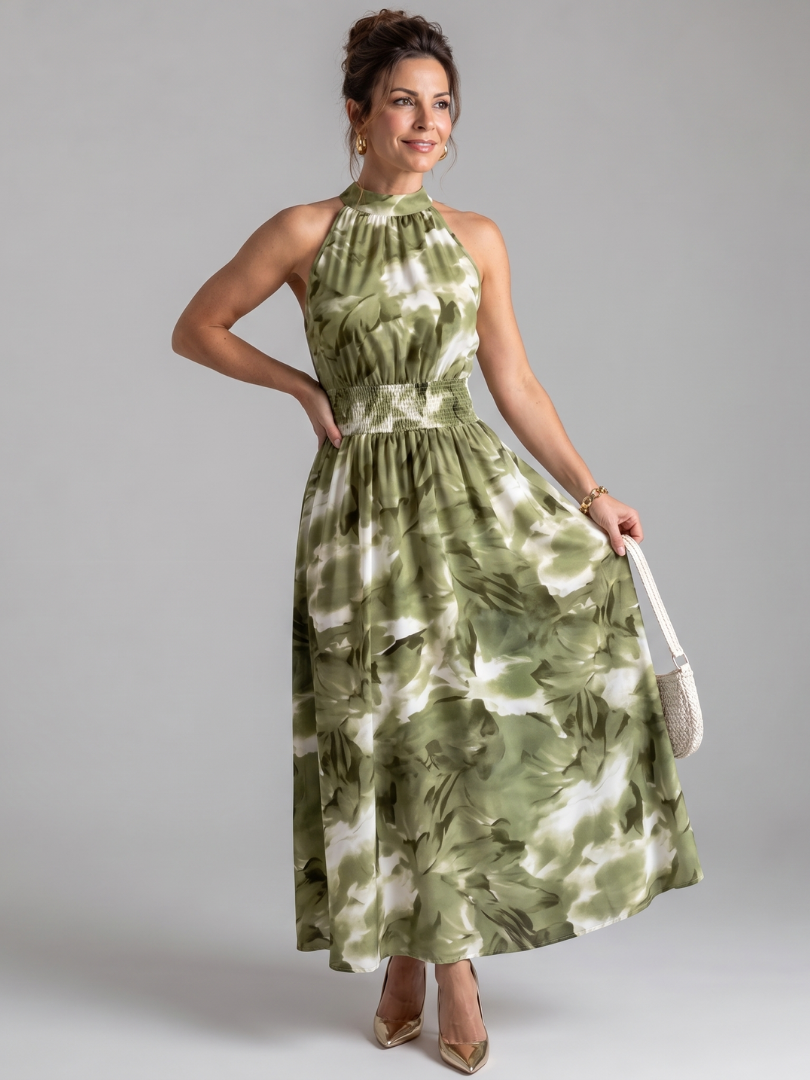 Olivia™ Gathered Waist Abstract Print Midi Dress – Green | The Bellemont Sisters Australia