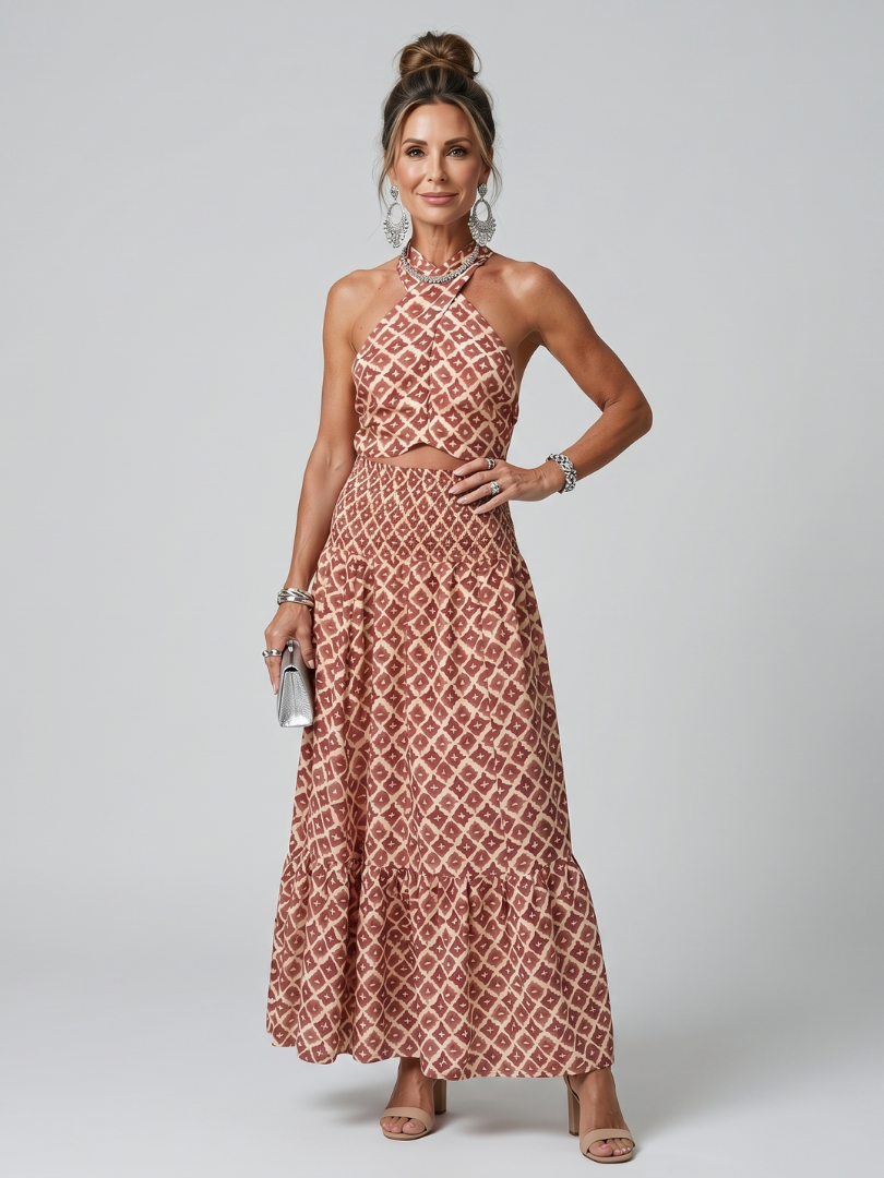 Amira | Cross Halter Geometric Print Cutout Midi Dress – Geometric | The Bellemont Sisters Australia