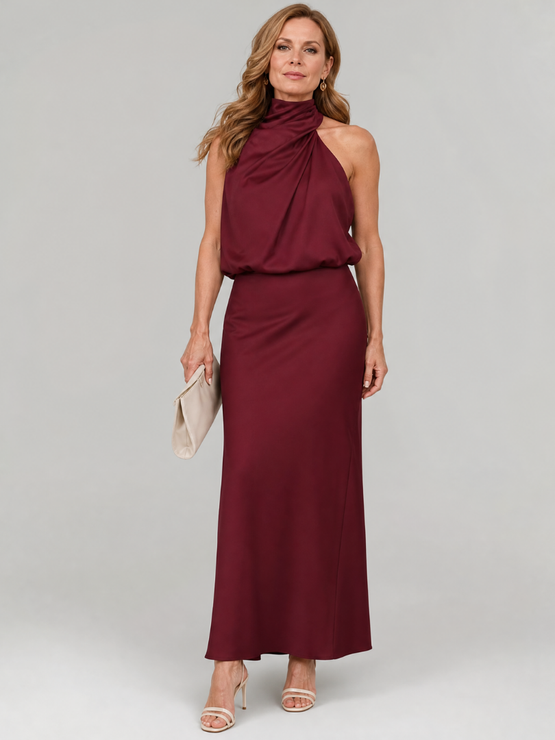 Nopal | Sleeveless Draped Neck Midi Dress – Burgundy | The Bellemont Sisters Australia