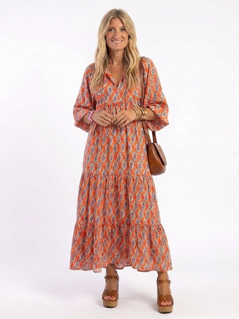 Amara | Geometric Print V Neck Tiered Midi Dress – Beige | The Bellemont Sisters Australia