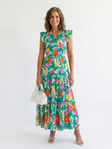 Lila | Floral V-Neck Tiered Midi Dress – Green | The Bellemont Sisters Australia