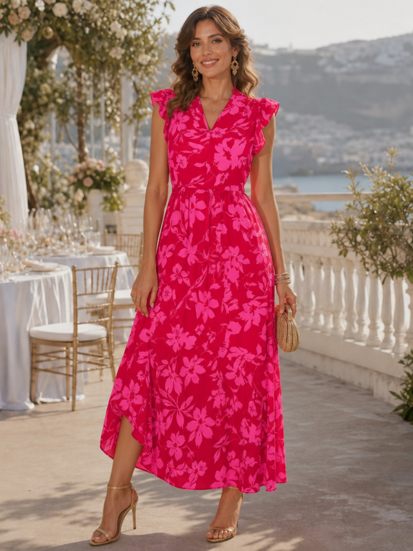 Zame | Sleeveless V Neck Ruffle Trim Midi Dress – Pink | The Bellemont Sisters Australia