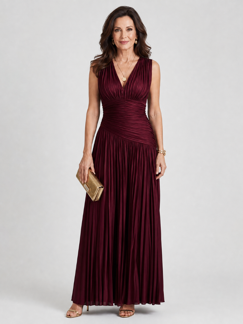 Lemar | Sleeveless Pleated V Neck Midi Dress – Burgundy | The Bellemont Sisters Australia