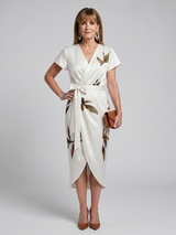 Cypress | Flutter Sleeve Wrap Botanical Print Midi Dress – White | The Bellemont Sisters Australia