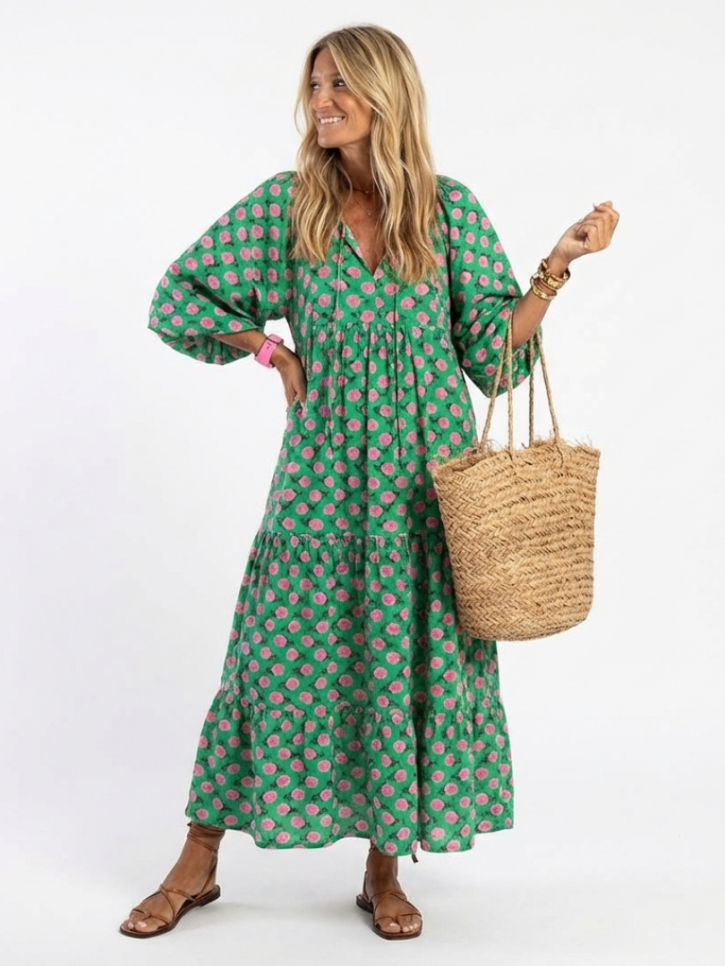 Fiora | Floral Print V Neck Tiered Midi Dress – Dark green | The Bellemont Sisters Australia