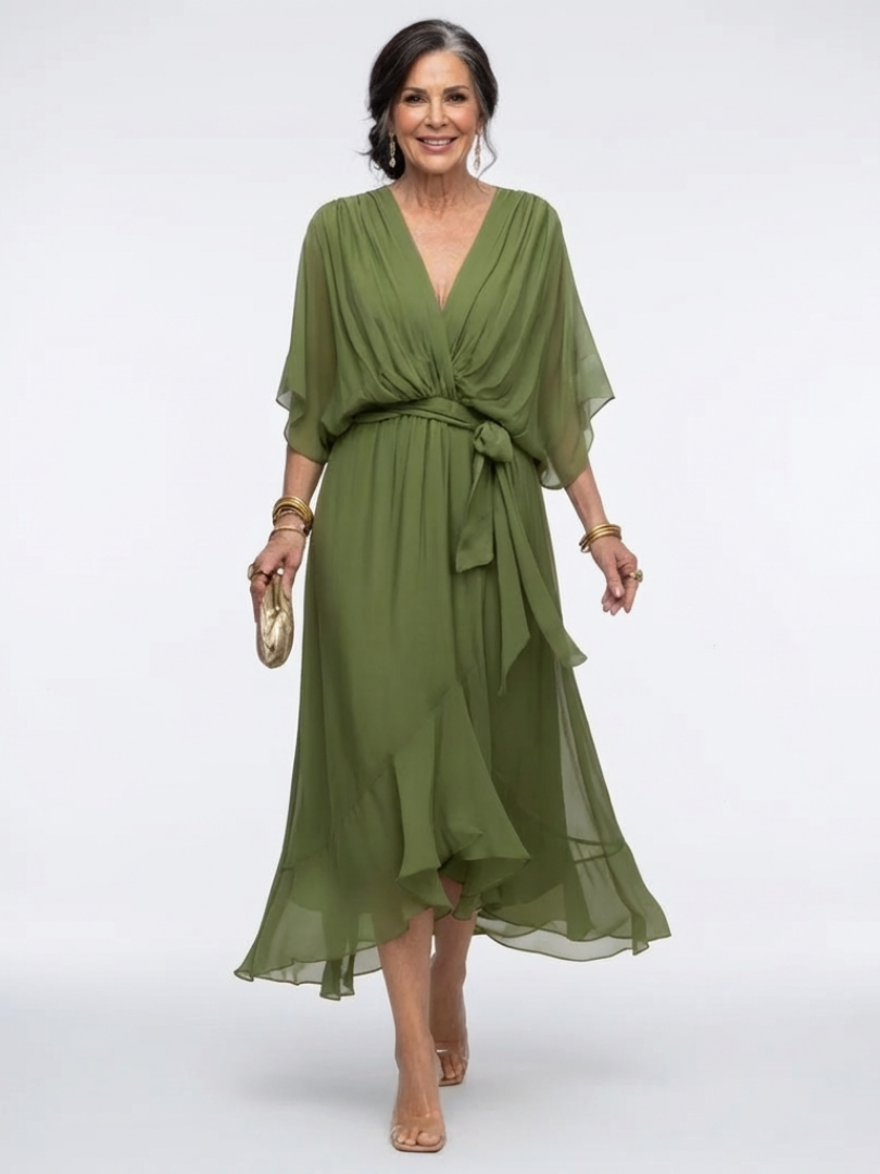 Elysia | V Neck Draped Waist Tie Midi Dress – Green | The Bellemont Sisters Australia