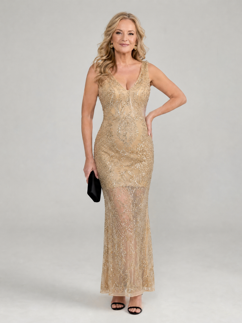 Sirea | Sequin Sleeveless Sheer Panel Midi Dress – Beige | The Bellemont Sisters Australia