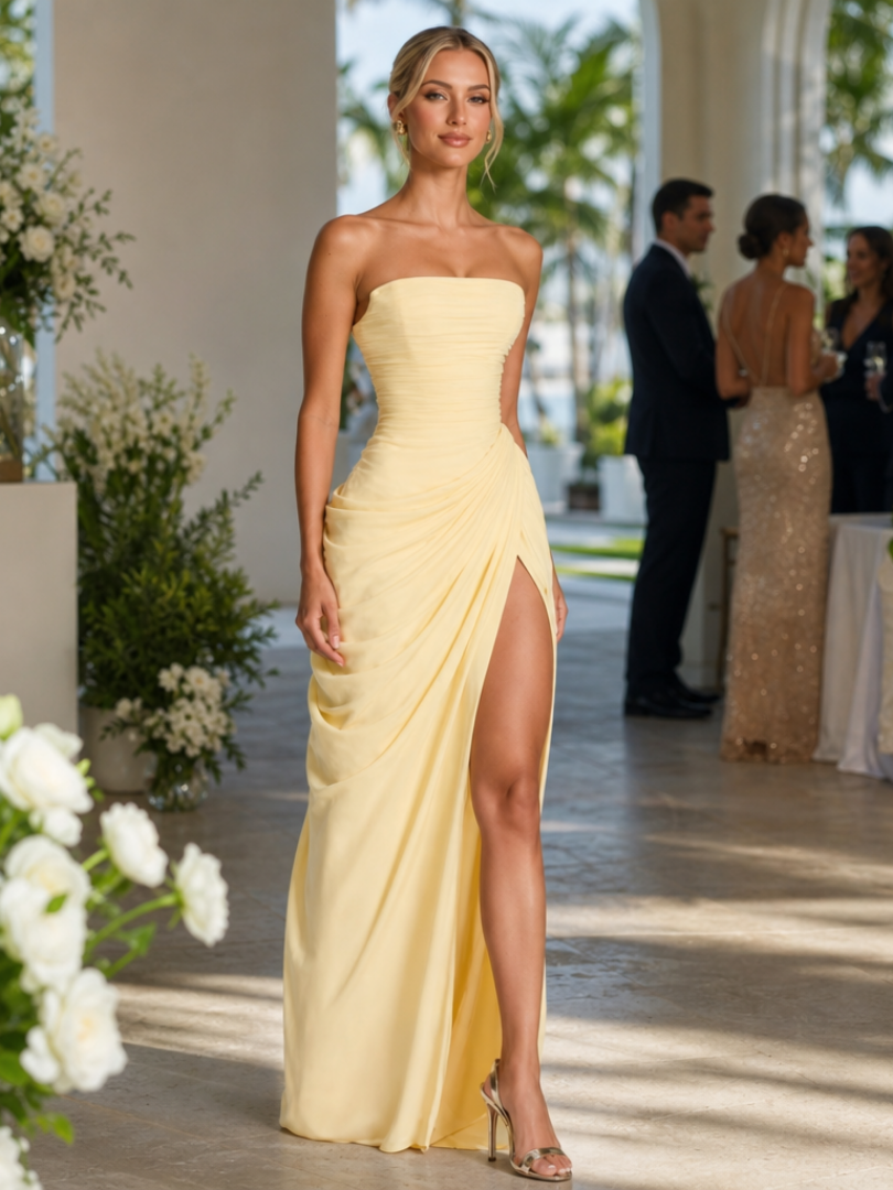 Ishra | Strapless High Side Slit Maxi Dress – Yellow | The Bellemont Sisters Australia