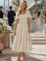 Elaria | Short Sleeve Textured Floral Detail Midi Dress – Beige | The Bellemont Sisters Australia