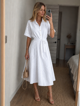 Eden | Short Sleeve Button Front Waist Tie Midi Dress – White | The Bellemont Sisters Australia