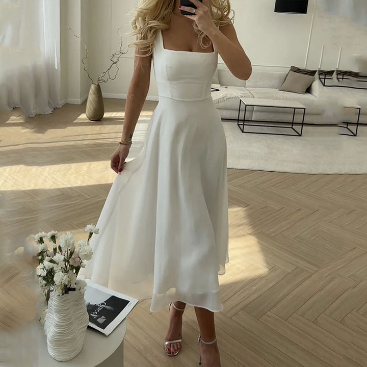 Hannah | Women Wedding Guest Elegant Square Midi Dress – White | The Bellemont Sisters Australia