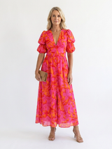 Willow | Floral V Neck Puff Sleeve Midi Dress – Pink | The Bellemont Sisters Australia