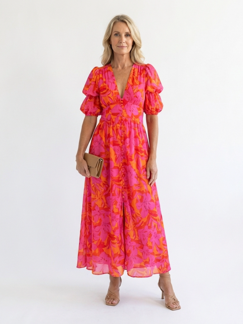 Willow | Floral V Neck Puff Sleeve Midi Dress – Pink | The Bellemont Sisters Australia