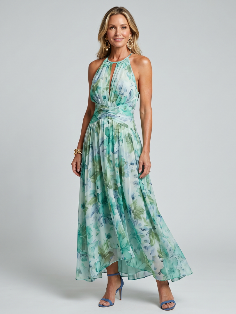 Portia | Pleated Halter Soft Floral Pattern Midi Dress – Green | The Bellemont Sisters Australia