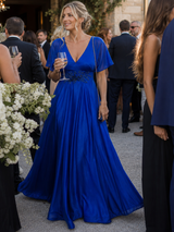 Orelia | Short Sleeve V Neck Flowing Maxi Dress – Blue | The Bellemont Sisters Australia