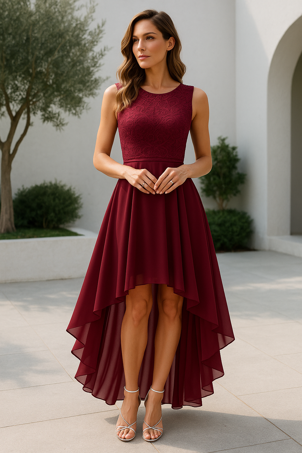 Kaitlyn | Women’s Wedding Guest High-Low Elegant Dress – Deep Red | The Bellemont Sisters Australia