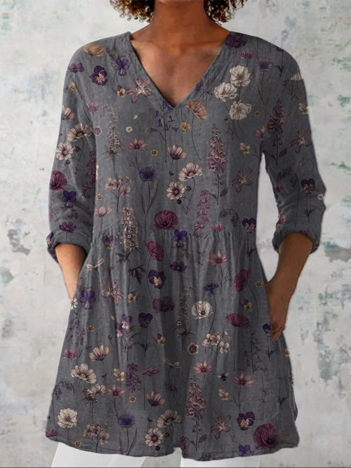 Audrey | Long Sleeve Blouse with V-Neck – Gray | The Bellemont Sisters Australia