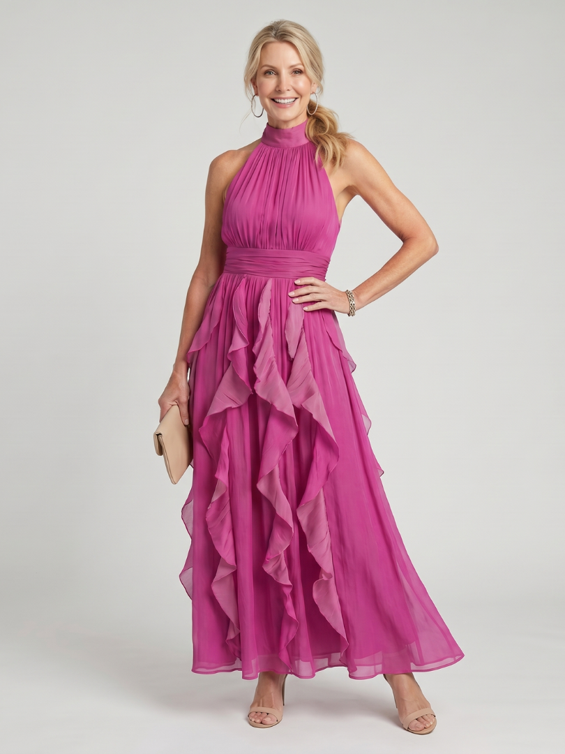 Orea | High Neck Gathered Ruffle Layers Maxi Dress – Pink | The Bellemont Sisters Australia