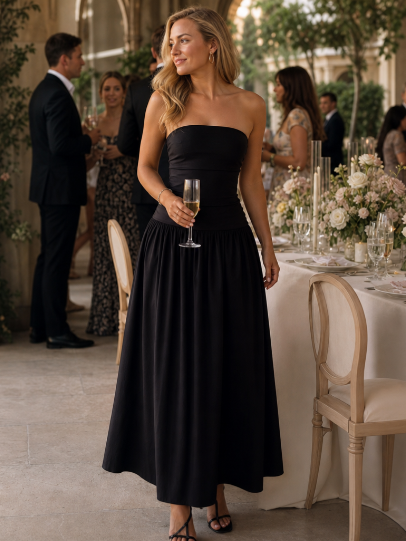 Zelene | Strapless Ruched Bodice Midi Dress – Black | The Bellemont Sisters Australia