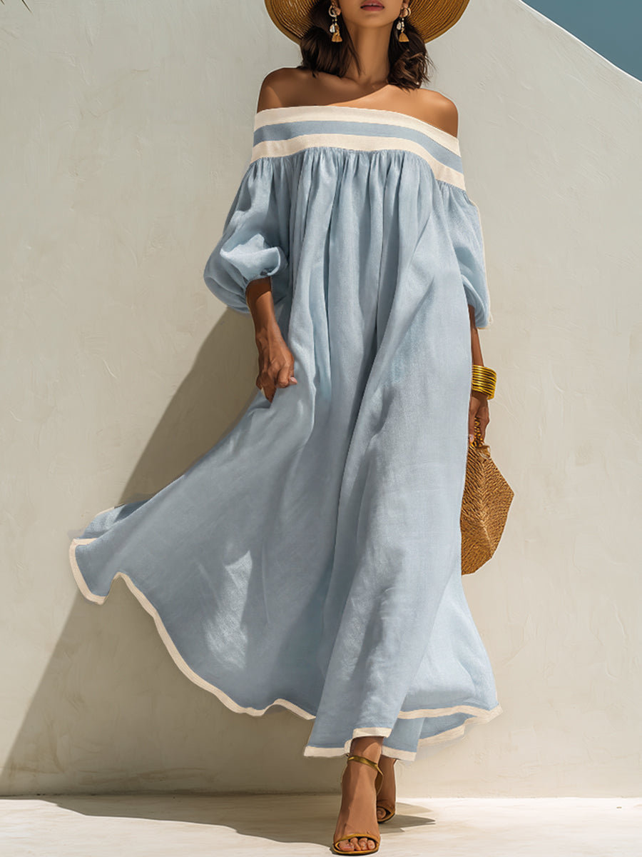 Loose-fitting Color-blocked Off-the-shoulder Maxi Dress – Blue | The Bellemont Sisters Australia
