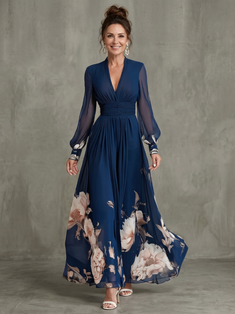 Ziva | Pleated Sheer Sleeves Maxi Dress – Navy | The Bellemont Sisters Australia
