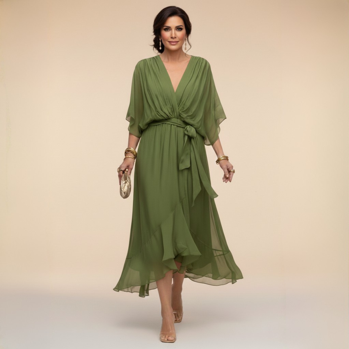 Sarah | Chiffon V-Neck Dress – Green | The Bellemont Sisters Australia