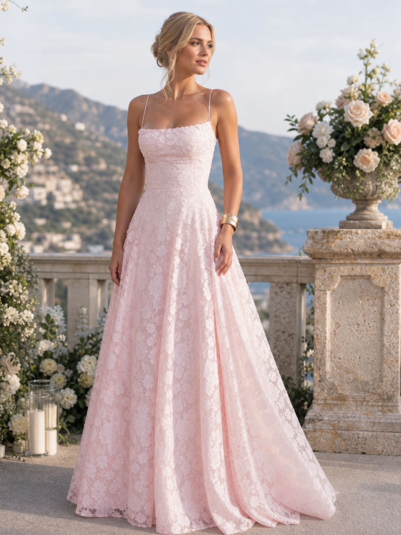 Valenne | Spaghetti Strap Full Lace Maxi Dress – Pink | The Bellemont Sisters Australia