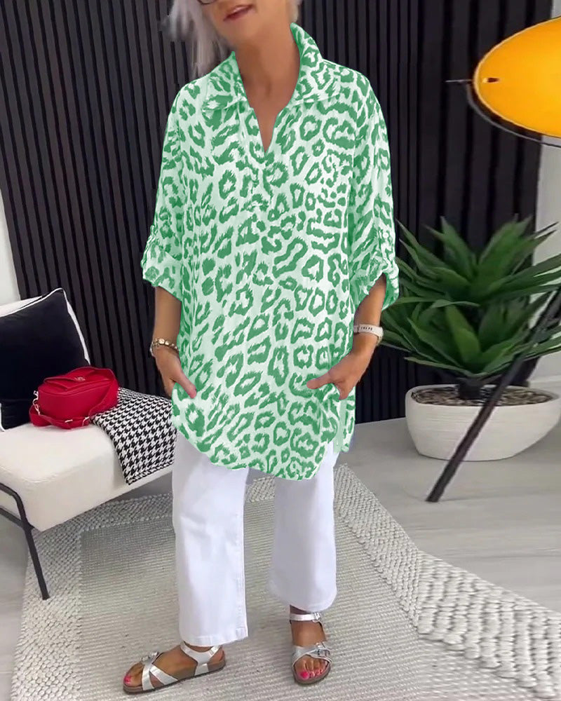 Isobel™ Elegant Leopard Printed Collar Blouse – Green | The Bellemont Sisters Australia