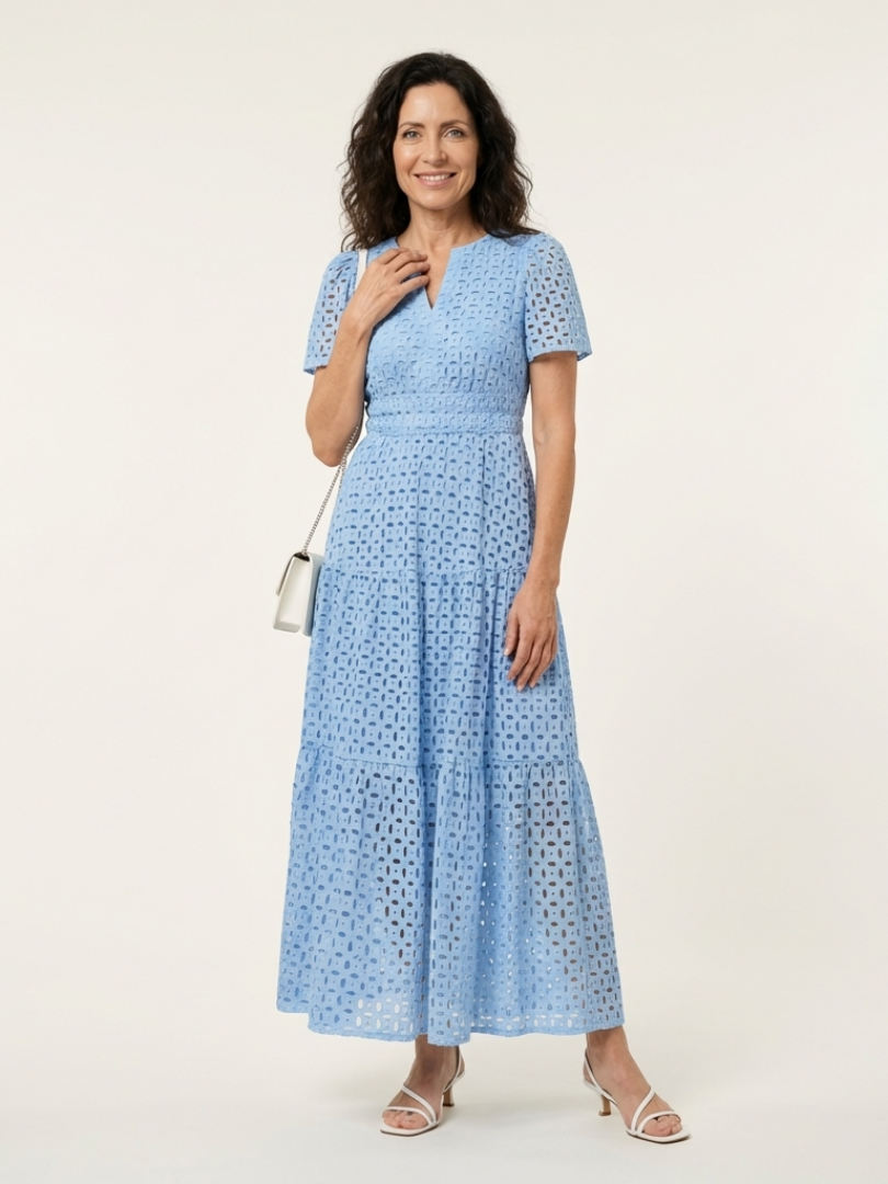Brielle | V Neck Short Sleeve Tiered Midi Dress – Sky blue | The Bellemont Sisters Australia