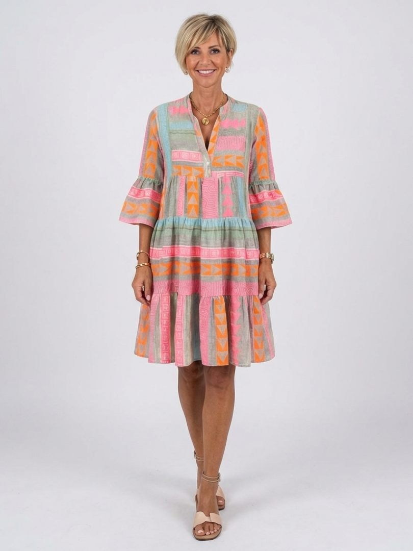 Maelle | Geometric Print V Neck Tiered Knee Length Dress – Pink | The Bellemont Sisters Australia