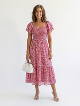 Odette | Off Shoulder Floral Smocked Midi Dress – Pink | The Bellemont Sisters Australia