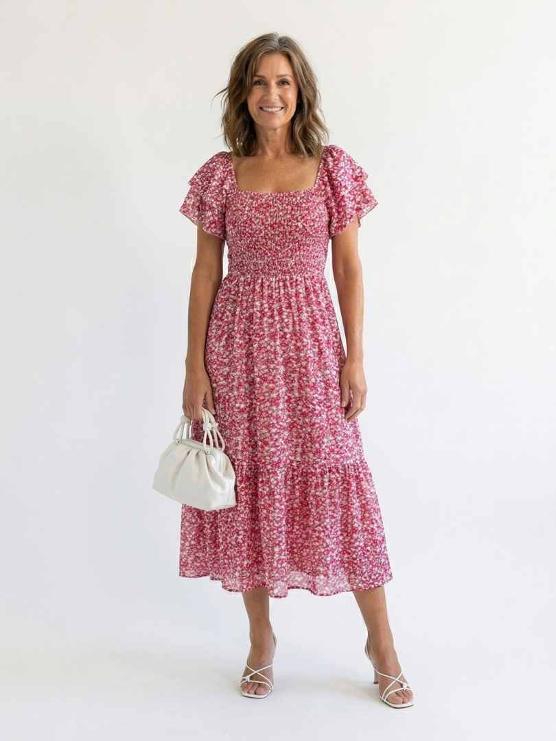 Odette | Off Shoulder Floral Smocked Midi Dress – Pink | The Bellemont Sisters Australia